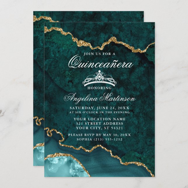 Quinceanera Teal Gold Marble Agate Geode Invitation (Front/Back)