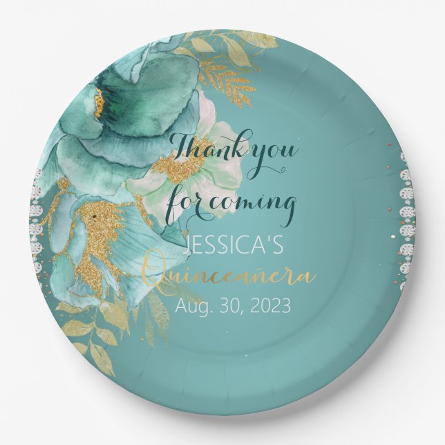 Quinceanera Teal Gold Personalised Paper Plate (Front)