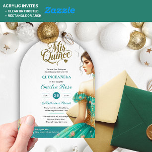 Quinceañera Teal Green Gold Mis Quince Dress Arch Acrylic Invitations