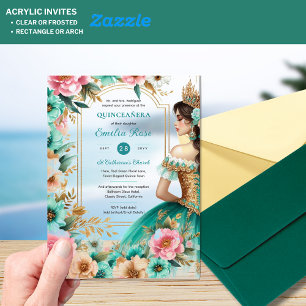 Quinceañera Teal Green Gold Mis Quince Flowers Acrylic Invitations