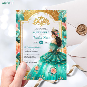 Quinceañera Teal Green Gold Mis Quince Flowers Acrylic Invitations
