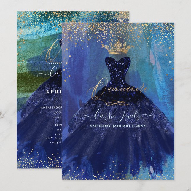 Quinceanera Teal Navy Blue Watercolor Gown Invitation (Front/Back)