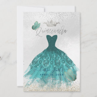 Quinceanera Teal Ombre Butterflies Princess Gown Invitation