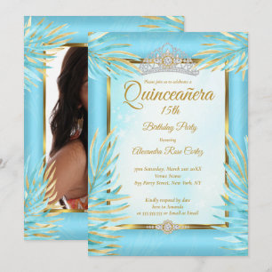 Quinceanera Teal Tiara Gold Photo Birthday Party Invitation
