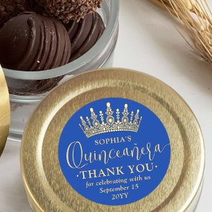 Quinceañera Thank You Chic Royal Blue & Gold Crown Classic Round Sticker