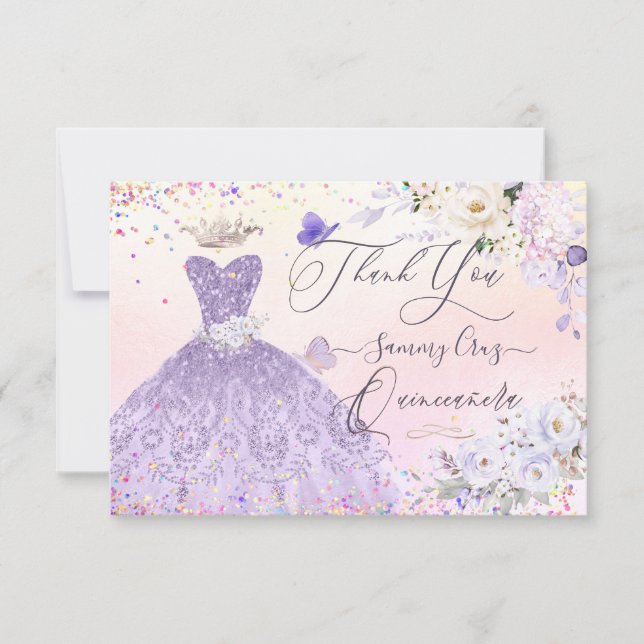 Quinceanera Thank You Dusty Purple Glitter Gown  Invitation (Front)