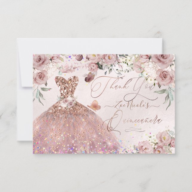 Quinceanera Thank You Dusty Rose Glitter Gown Card (Front)