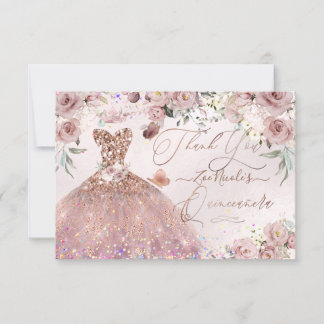 Quinceanera Thank You Dusty Rose Glitter Gown Card