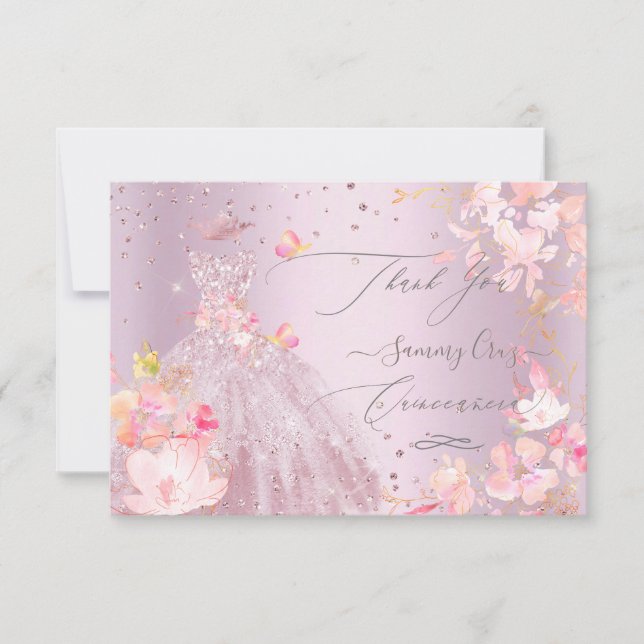 Quinceanera Thank You Dusty Rose Glitter Gown Invitation (Front)