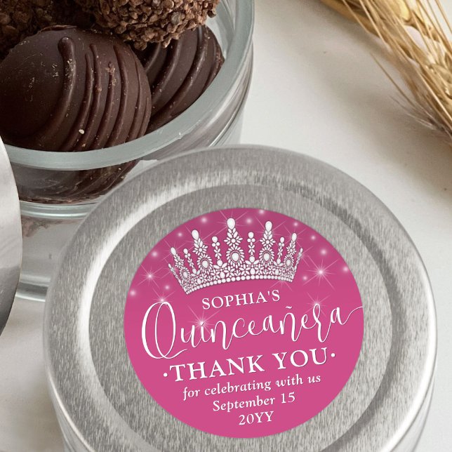 Quinceañera Thank You Elegant Crown Fuschia Pink Classic Round Sticker (Creator Uploaded)