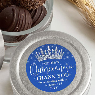 Quinceañera Thank You Elegant Crown Royal Blue Classic Round Sticker