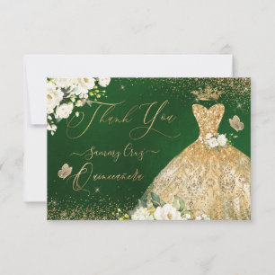 Quinceanera Thank You Green Gold Glitter Gown Card
