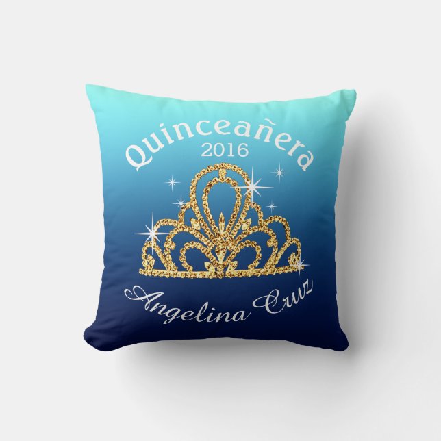 Quinceanera Tiara Bokeh Bling | ombre blue Cushion (Front)