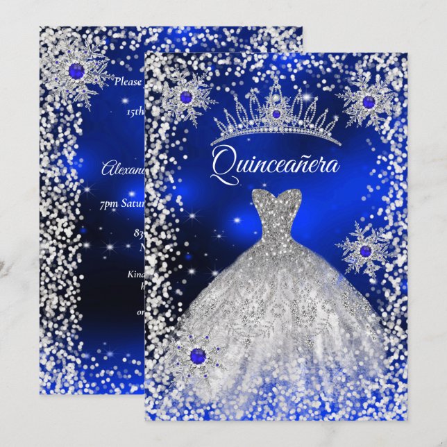 Quinceanera Tiara Dress blue winter Snowflake Invitation (Front/Back)