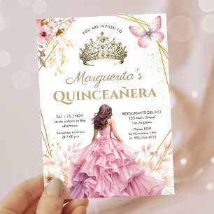 Quinceañera Tiara Girl Pink Floral Butterfly  Invitation