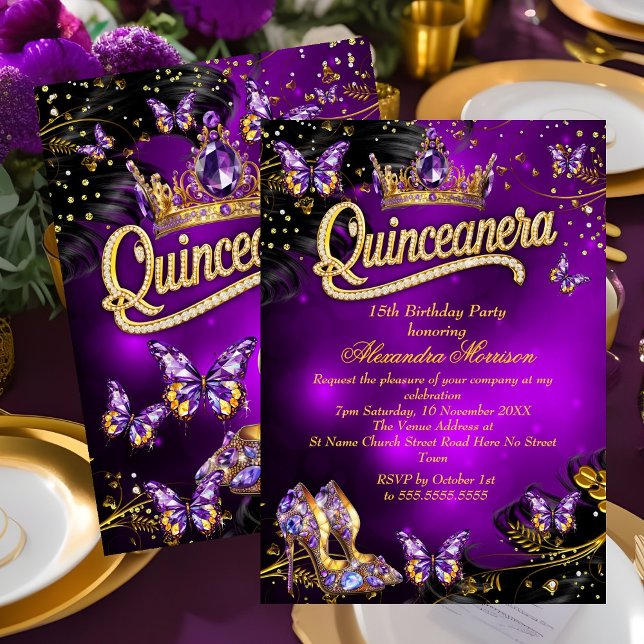 Quinceanera Tiara Gold Purple Butterflies 15th Invitation (Creator Uploaded)