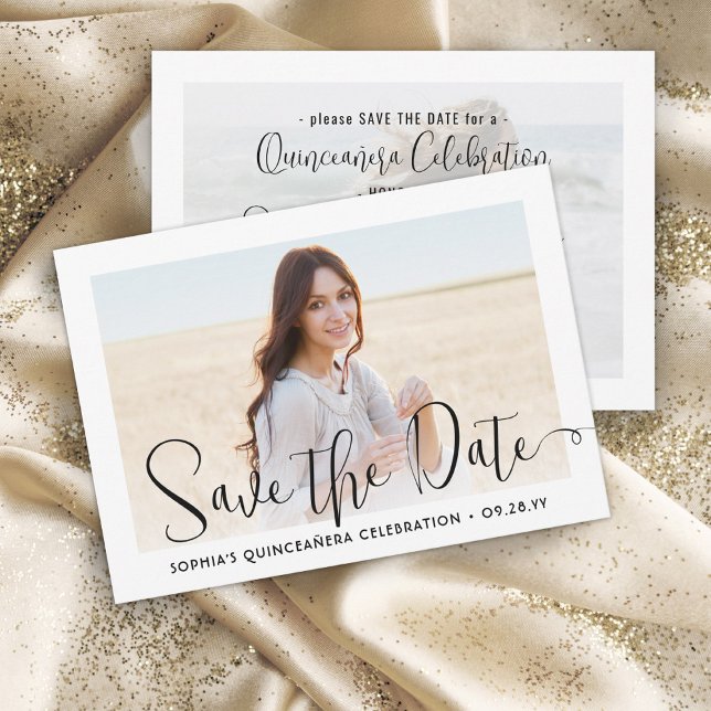 Quinceañera Trendy Script Chic Modern 2 Photo Save The Date (Creator Uploaded)