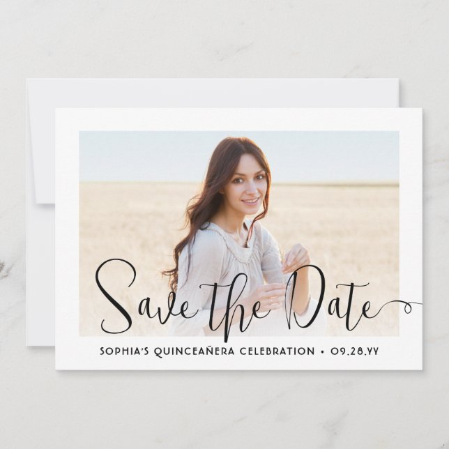Quinceañera Trendy Script Chic Modern 2 Photo Save The Date (Front)
