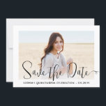 Quinceañera Trendy Script Chic Modern 2 Photo Save The Date<br><div class="desc">Share the joyful news of an upcoming Quinceañera celebration with chic 2 photo save the date invitations. The pictures and all wording on this template are simple to personalise. The colours, font styles and overlay opacity can be easily customised with the Zazzle Design Editor tool. The modern minimalist black and...</div>