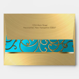 Quinceanera Turquoise Blue and Gold Filigree Swirl Envelopes
