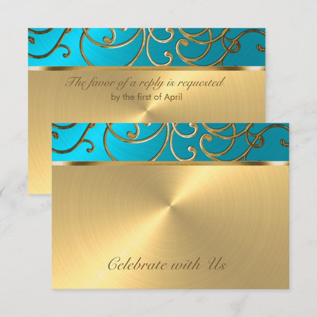 Quinceanera Turquoise Blue and Gold Filigree Swirl Invitation (Front/Back)