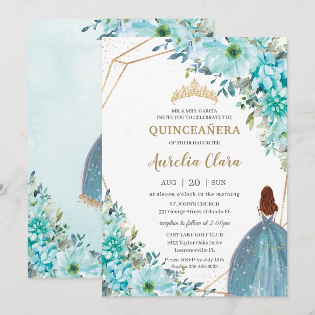 Quinceañera Turquoise Blue Floral Auburn Princess Invitation (Front/Back)