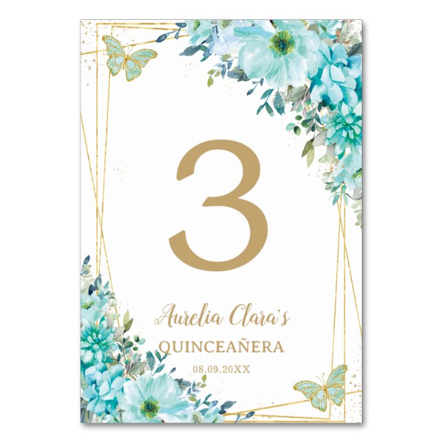 Quinceañera Turquoise Blue Floral Gold Butterflies Table Number (Front)