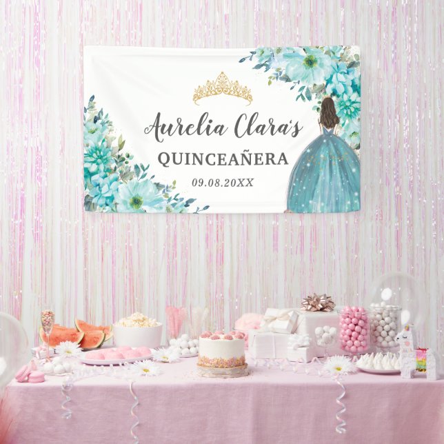 Quinceañera Turquoise Blue Floral Princess Welcome Banner (Party)