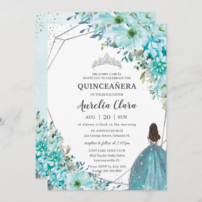 Quinceañera Turquoise Blue Floral Silver Princess Invitation (Front/Back)