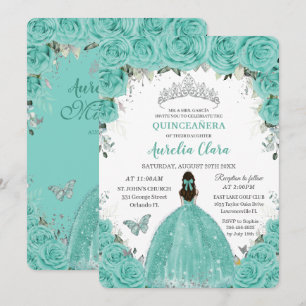 Quinceañera Turquoise Blue Floral Silver Princess Invitation