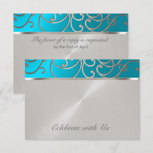Quinceanera Turquoise Blue Silver Filigree Swirls Invitation