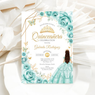 Quinceanera Turquoise Gold Floral Dress Invitation