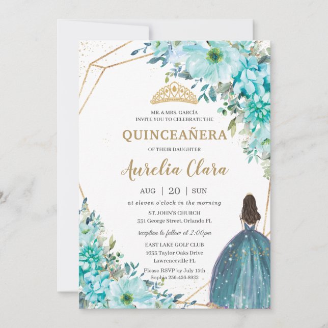Quinceañera Turquoise Green Floral Gold Princess  Invitation (Front)