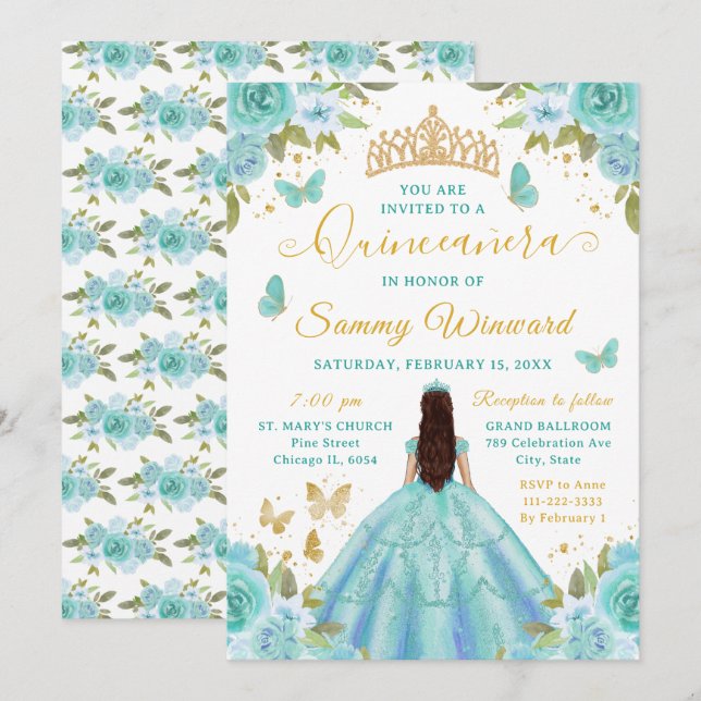 Quinceañera Turquoise Princess Brunette Girl Invitation (Front/Back)