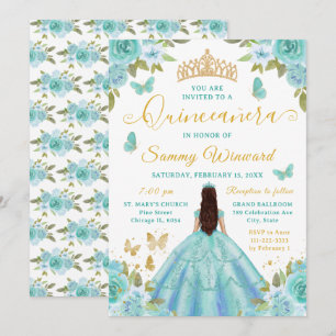 Quinceañera Turquoise Princess Brunette Girl Invitation