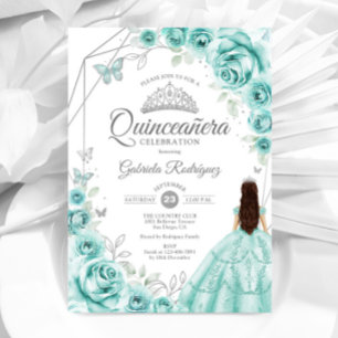 Quinceanera Turquoise Silver Dress Floral Invitation