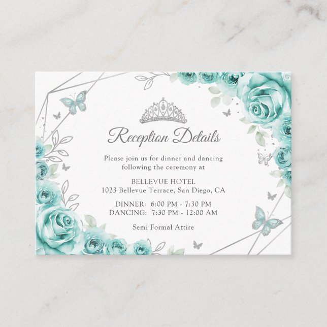 Quinceanera Turquoise Silver Floral Details Enclosure Card (Front)