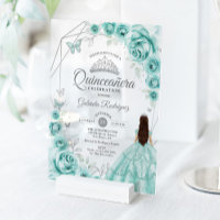 Quinceanera Turquoise Silver Floral Dress