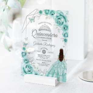 Quinceanera Turquoise Silver Floral Dress Acrylic Invitations