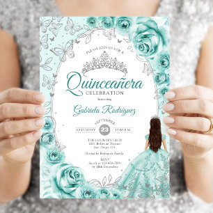Quinceanera Turquoise Silver Floral Invitation
