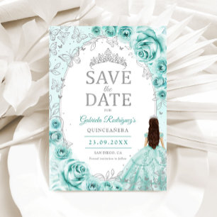 Quinceanera Turquoise Silver Floral Save The Date