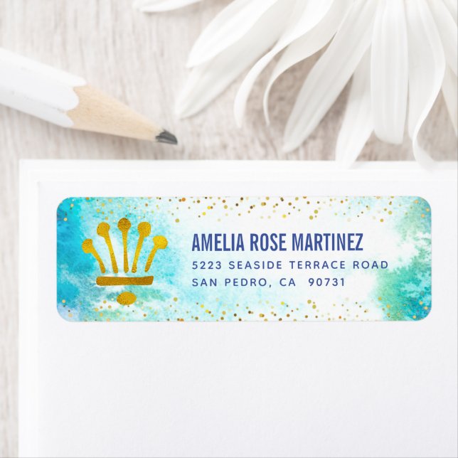 Quinceañera Turquoise Watercolor Gold Foil Address (Insitu)