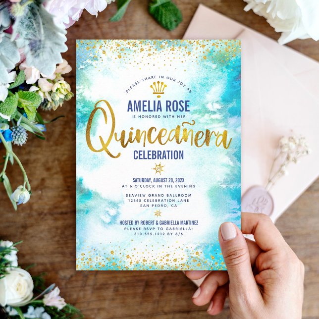 Quinceañera Turquoise Watercolor Gold Foil Chic Invitation (Creator Uploaded)