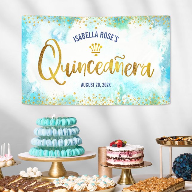 Quinceañera Turquoise Watercolor Gold Foil Welcome Banner (Creator Uploaded)