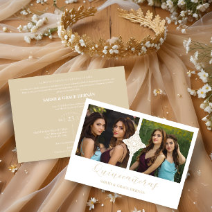 Quinceañera Twins 2 Photos Ornament Faux Golden Invitation