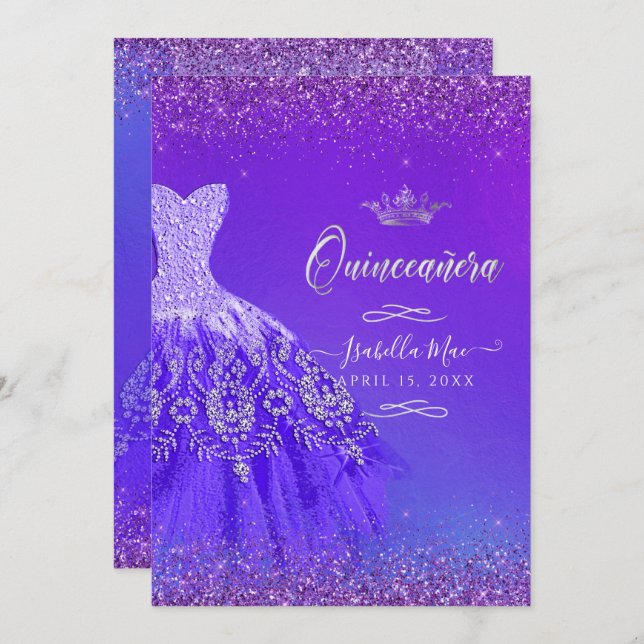 Quinceanera Ultra Violet Ombre Glitter Gown Invitation (Front/Back)