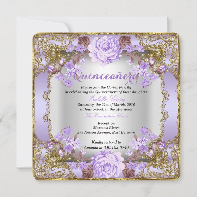 Quinceanera Vintage Country Floral Lavender Purple Invitation (Front)