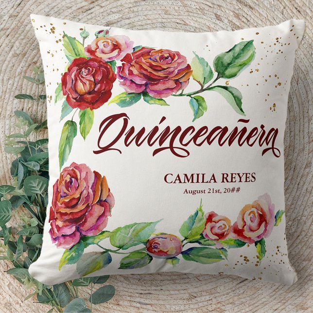 Quinceanera Vintage Red Roses Personalised Cushion (Creator Uploaded)