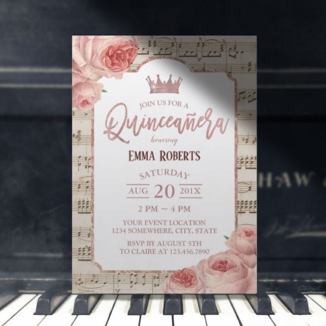 Quinceanera Vintage Rose Floral Music Birthday Invitation (Creator Uploaded)