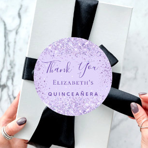 Quinceanera violet glitter name thank you classic round sticker